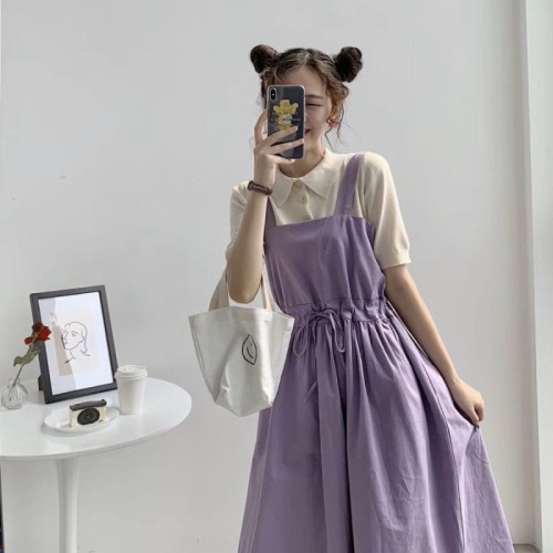 One piece / suit summer and Autumn New Korean version ins sweet purple strap skirt + shirt T-shirt two piece set female student