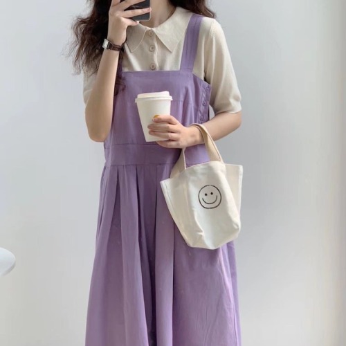 One piece / suit summer and Autumn New Korean version ins sweet purple strap skirt + shirt T-shirt two piece set female student
