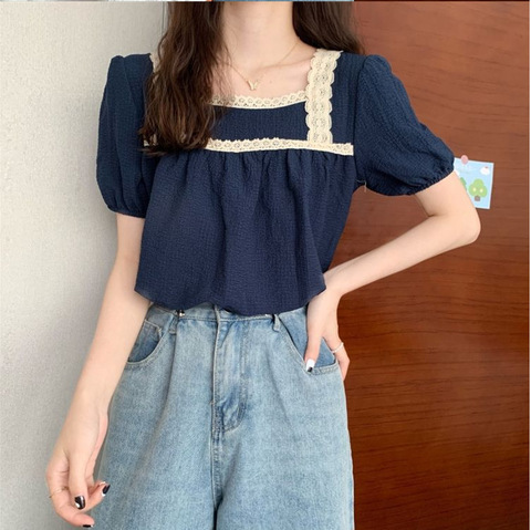 Female blouse  summer new Korean version thin net red lace square neck short sleeved student chiffon shirt