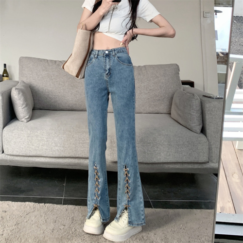 Real shooting and real price spring new versatile thin split strap micro pull jeans