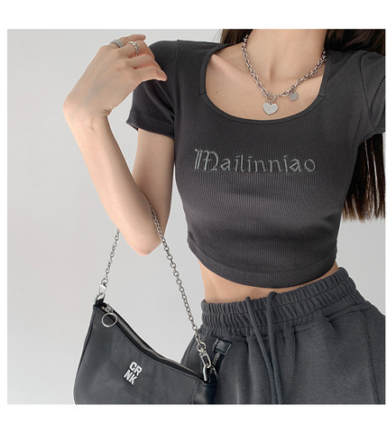 Pit bar letter embroidery slim square neck low chest exposed collarbone short sleeve T-shirt exposed navel top 2022 summer new