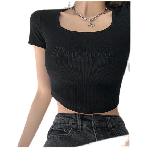 Pit bar letter embroidery slim square neck low chest exposed collarbone short sleeve T-shirt exposed navel top  summer new