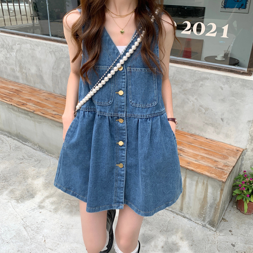 Real Price vintage Hong Kong Style sleeveless denim vest skirt women look thin and versatile A-line button dress