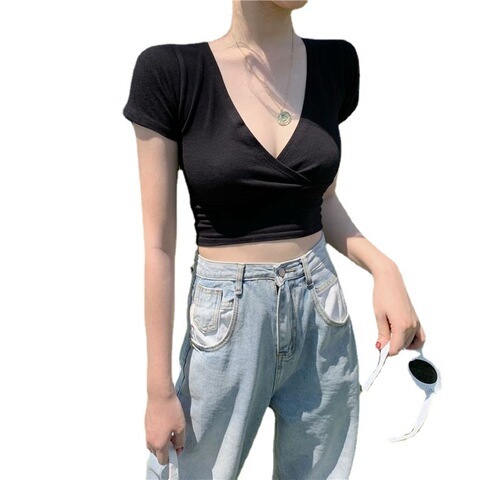 Short sleeved T-shirt women's summer deep V-neck wear low chest Korean slim and navel exposed short style