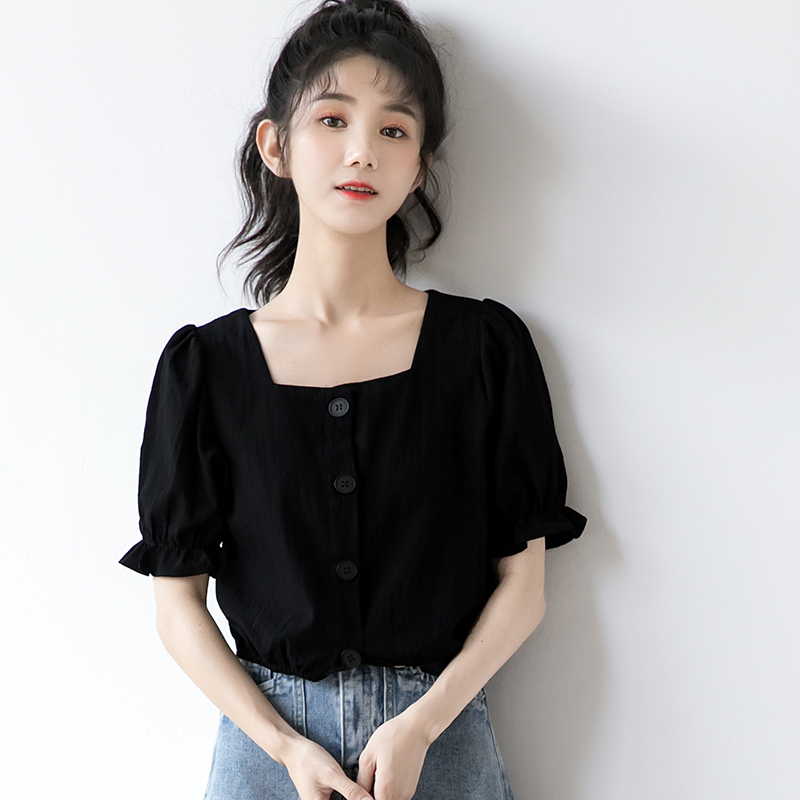 Official figure real price French bubble sleeve shirt women's Black Short Sleeve Shirt Short Square Neck Top