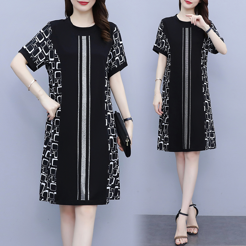 Real shooting large short sleeve T-shirt dress summer 2022 new patchwork print thin loose medium length casual skirt