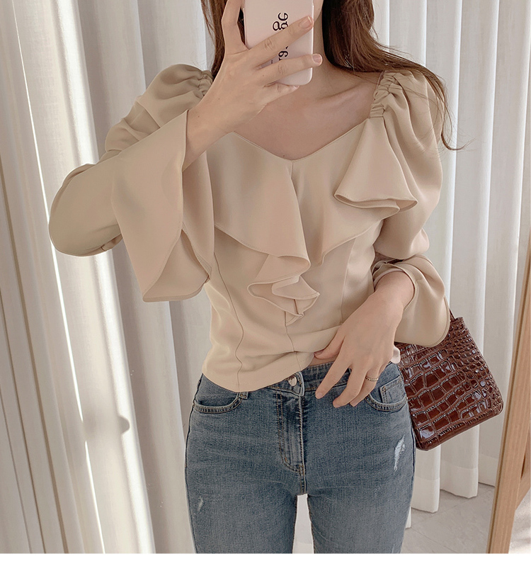 2022 spring and autumn clothes French fungus edge slim fitting long sleeved shirt female design sense of minority small stature tall and thin
