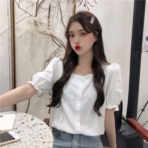 Real shot fiber French Style Bubble Sleeve square neck T-shirt small design sense short solid color shirt