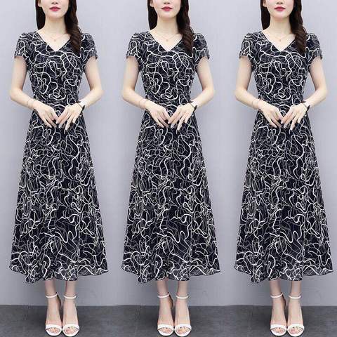 2020 summer new V-neck floral dress large size close waist slim aging long skirt