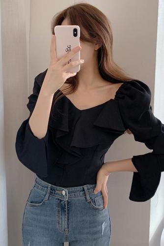  spring and autumn clothes French fungus edge slim fitting long sleeved shirt female design sense of minority small stature tall and thin