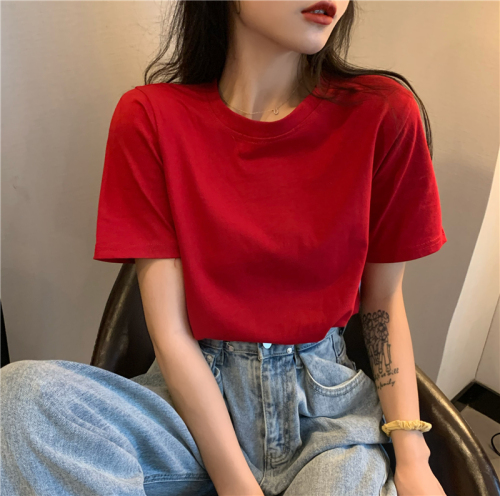 Real price spring and summer new solid color T-shirt loose and thin, versatile multicolor basic round neck short sleeve top
