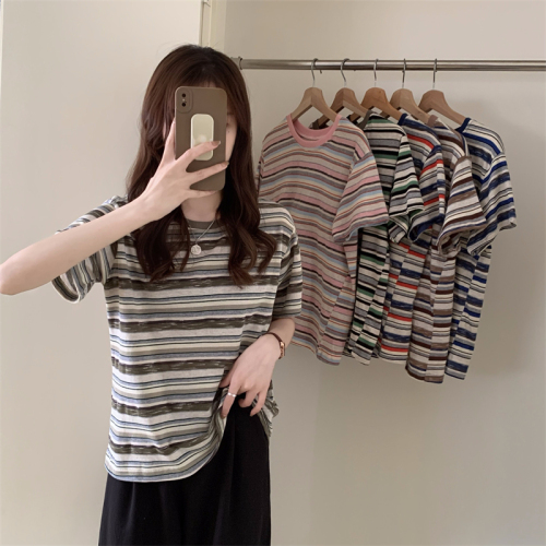 Real shot real price Korean version of foreign style loose ins contrast stripe literary small fresh contrast round neck t-shirt female