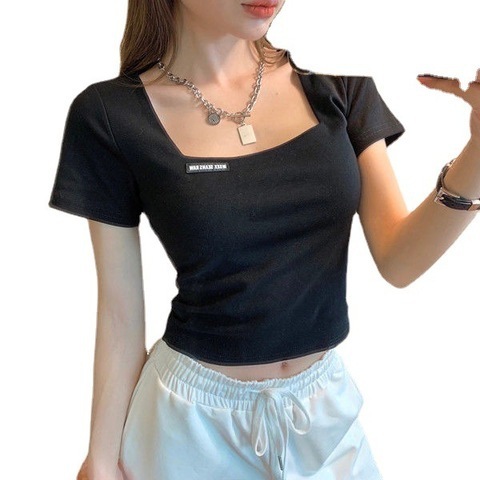 Retro French square neck short high waist exposed navel short sleeve T-shirt women's slim 2022 summer bottoming shirt