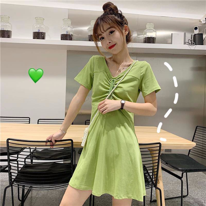 Korean version drawstring waist is thin and versatile student Sen Department high waist short sleeve A-shaped Avocado Green Dress female