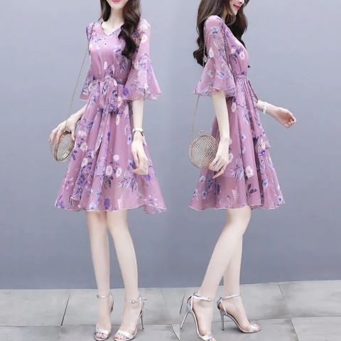 2021 summer new women's dress slim and gentle skirt with Long Floral dress at waist