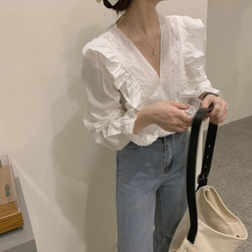 White shirt female design sense of minority summer shirt thin spring and autumn V-neck chic lace early autumn French top