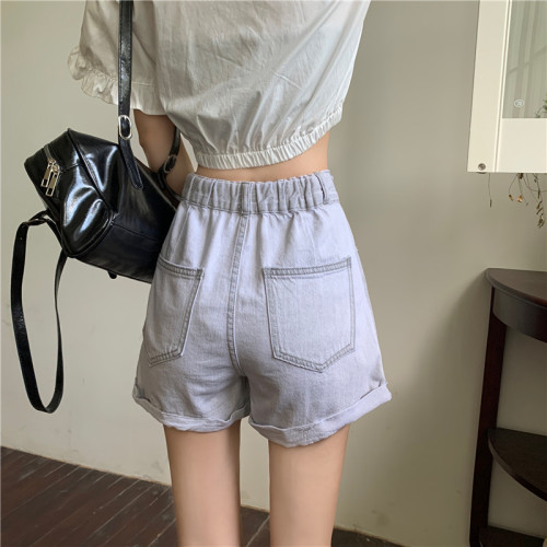 Real shooting and real price summer new elastic high waist A-shaped crimped two button denim shorts