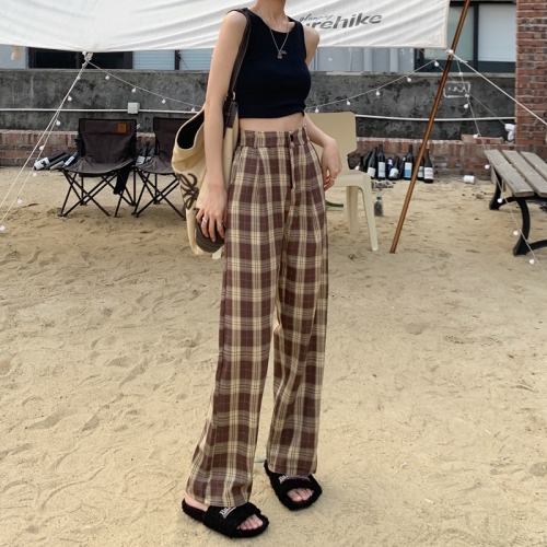 2684 live shooting 2022 spring and summer leisure plaid pants new loose and versatile straight leg wide leg pants suit pants