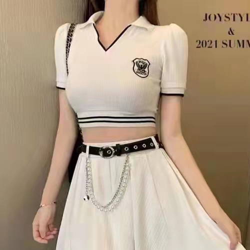 College style summer new style high waist V-neck Lapel sweater women's color matching short sleeve top fashion