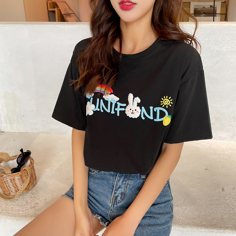 Live video 2022 net red Korean version foaming process printing loose medium and long foreign style versatile T-shirt