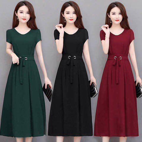 Large dress female 2022 summer short sleeve medium length knee length skirt with belt slim A-line skirt