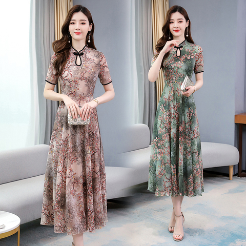 Cheongsam dress 2020 summer new short sleeved medium length dress with slim waist, printed imitation ice silk long skirt