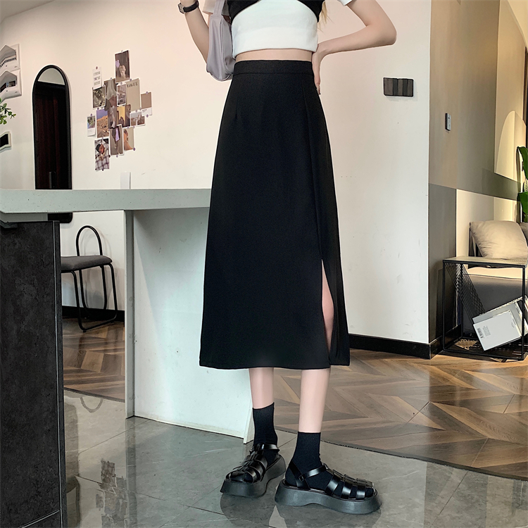 Real shooting and real price new high waist slim zipper hanging feeling side slit medium length skirt women's A-line skirt