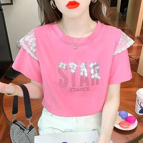 Net red summer Korean version new short sleeve t-shirt female lace splicing Sequin fashion embroidered loose top fashion