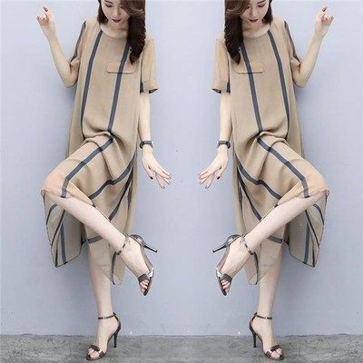 Dress women's summer 2022 New Stripe Print loose short sleeve medium length skirt large A-line heart machine skirt