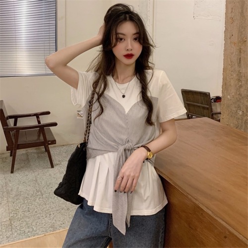 Real shot 100% cotton Summer Short Sleeve T-Shirt women's Chiffon stitching design top loose minority women's wear