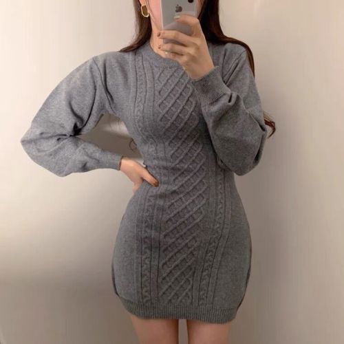 Korean spring and autumn temperament round neck rhombic pattern careful machine backless slim and hip wrapped knitted dress for women
