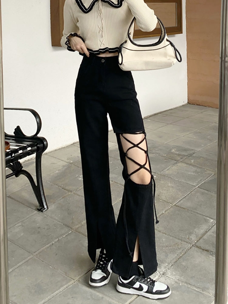 Non real shooting special price split jeans women's high waist thin black versatile net red micro flare pants