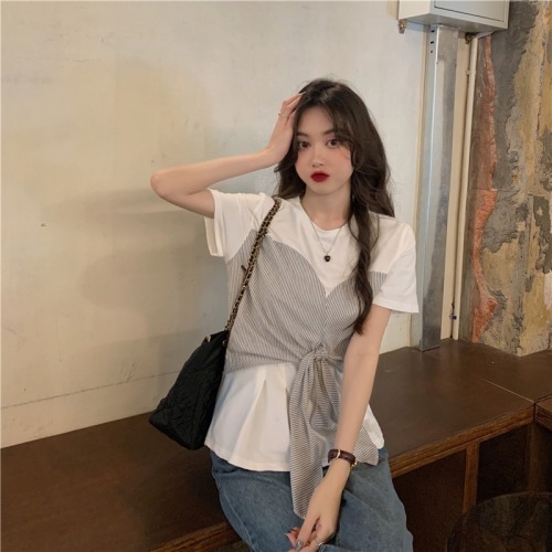 Real shot 100% cotton Summer Short Sleeve T-Shirt women's Chiffon stitching design top loose minority women's wear