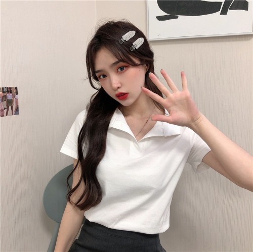 Real shot 100% cotton polo shirt women's short sleeved T-shirt women's solid color pure cotton niche design sense small summer clothes