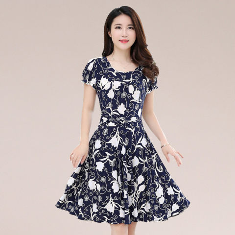 Summer new women's dress short sleeve slim print floral skirt length large children