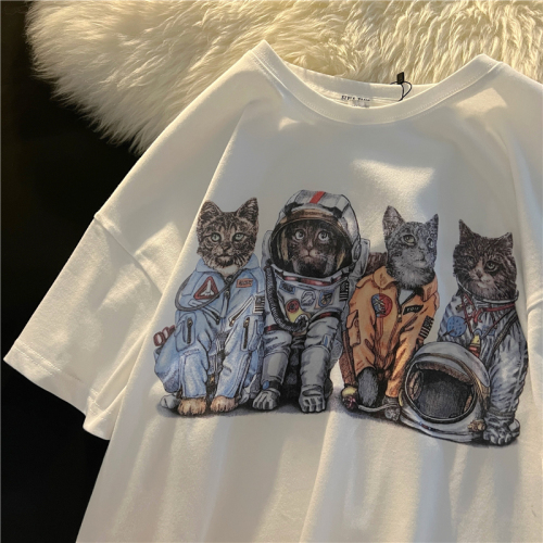 Real shot pure cotton American retro cat front and back printed white short sleeved T-shirt loose Fashion Top