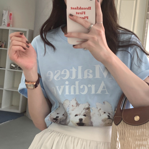 Real shot 2022 round neck T-shirt simple and thin short sleeve Korean cute three dog mapping top female