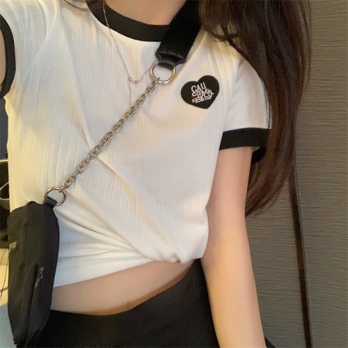 Real shooting 100% fiber pit strip design sense of minority high waist T-shirt women's short sleeve short top summer slim women's wear