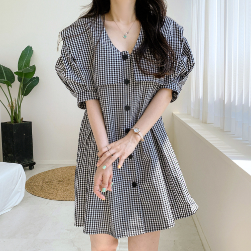 Korean chic minority age reduction Navy collar contrast checked single breasted loose bubble sleeves small dress women
