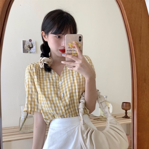 Korean fashion summer new Plaid Shirt female collar chic button design top female