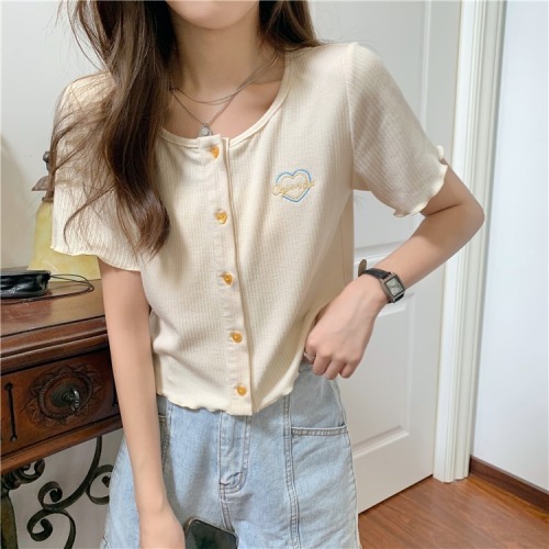 2022 chic wood ear embroidered short sleeve T-shirt women's loose short knitted cardigan top