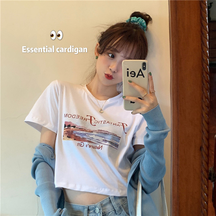New summer Korean version of Yafeng careful machine exposed navel short top with short sleeve women's fashion inside