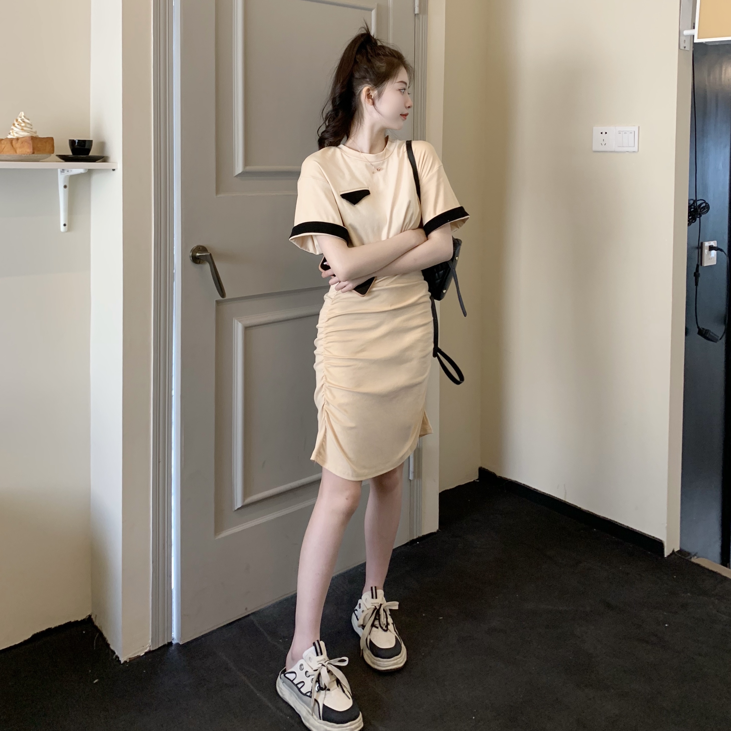 Real shooting # new Korean little sister xiaoxiangfeng color contrast dress, casual and easy to wear women