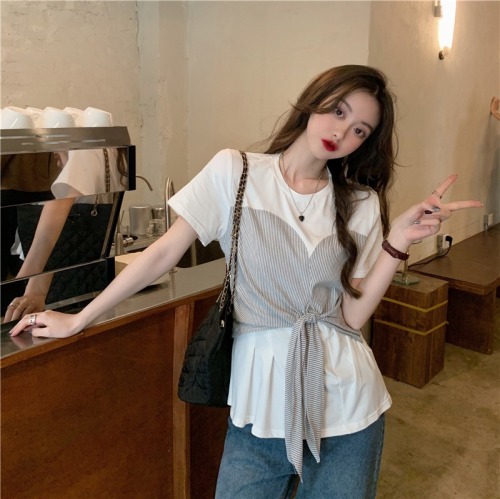 Real shot 100% cotton Summer Short Sleeve T-Shirt women's Chiffon stitching design top loose minority women's wear