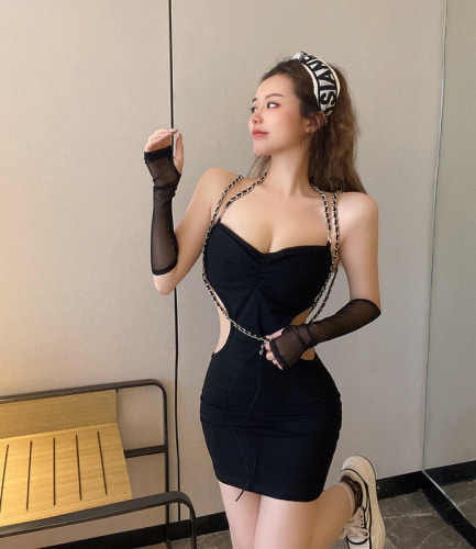Real shot ~ spice girl pure black waist strap, slim fit, Hip Wrap, sexy dress, women's waist chain + gloves