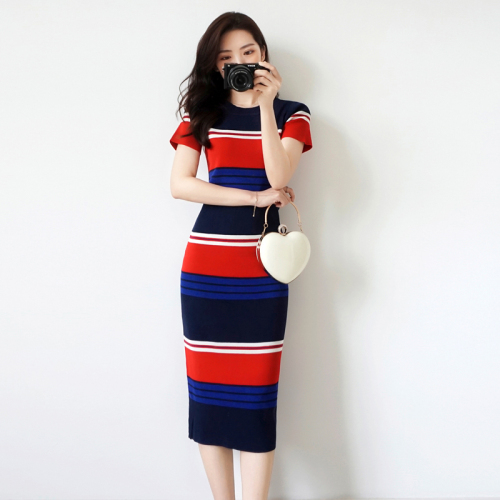 Knitted dress  summer new style gas stripe slim fit Medium Length Stretch Skirt bottomed skirt women's wear