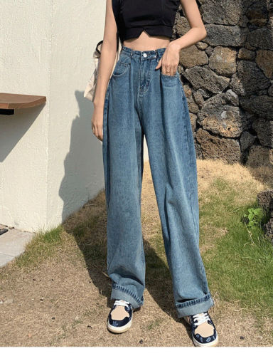 Elegant Retro Blue Jeans Women's 2022 new spring and autumn clothes high waist straight tube loose, thin and wide legs dragging the floor