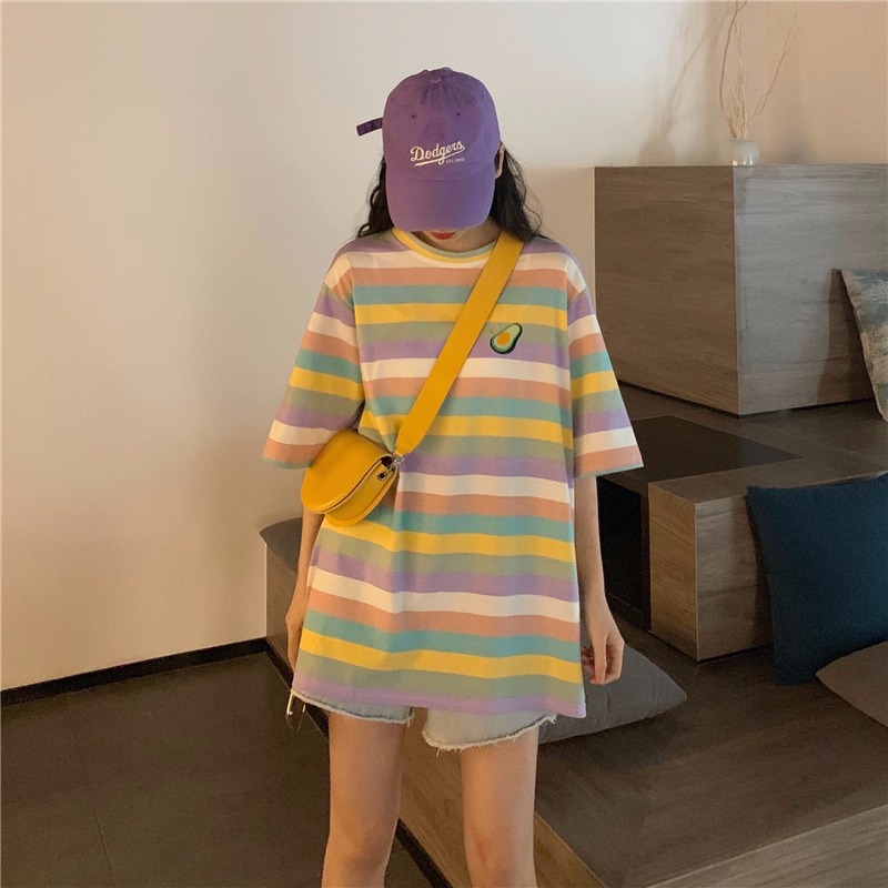 Real price cotton embroidery medium long rainbow stripe T-shirt women's short sleeve design