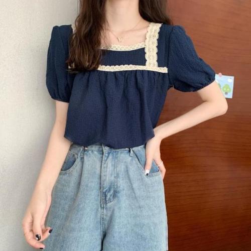 Female blouse 2022 summer new Korean version thin net red lace square neck short sleeved student chiffon shirt