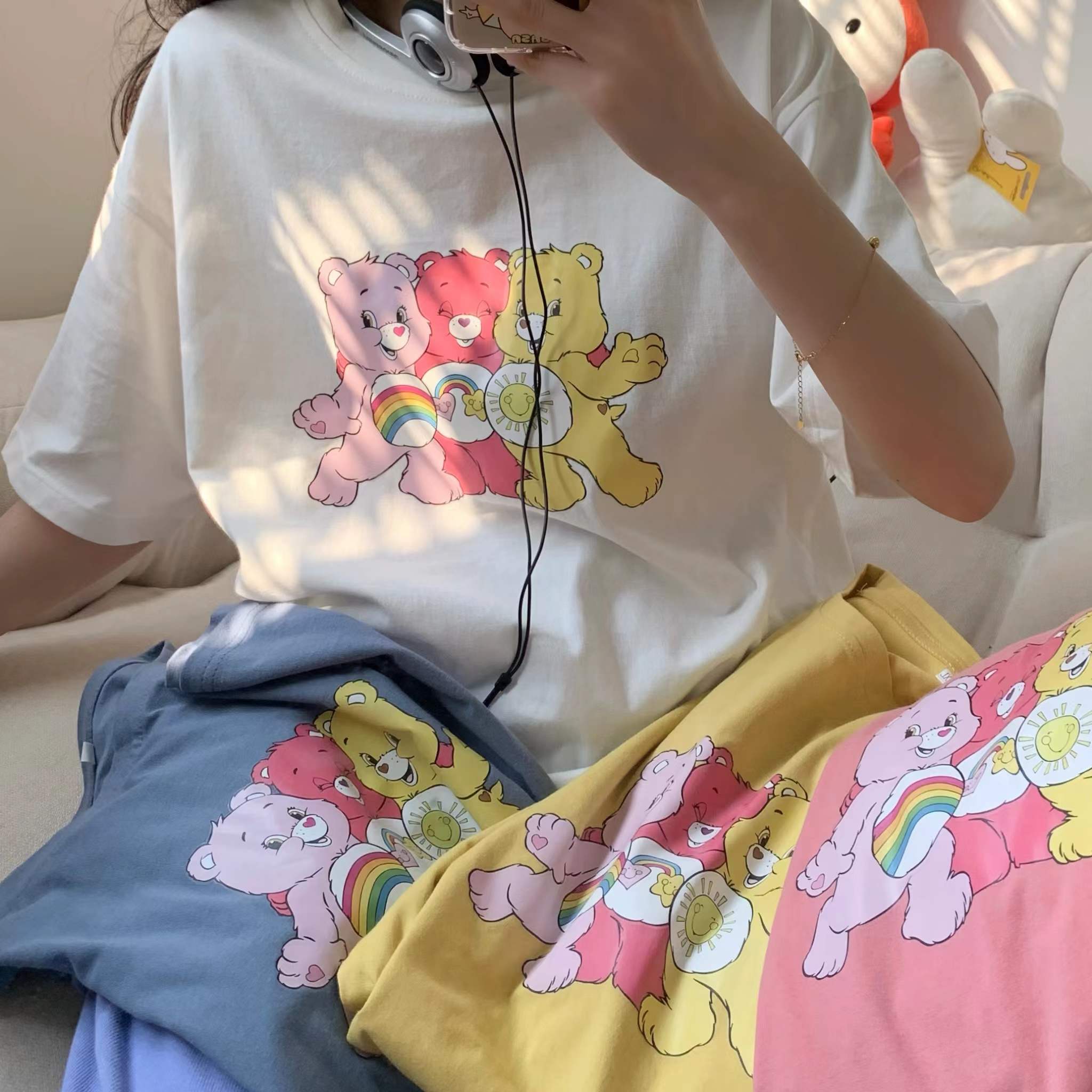 Bear printed cotton short sleeve threaded collar